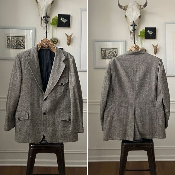 Vintage 70s Sears Men’s Shop Herringbone Tweed Sport Coat Union Made 46L - Picture 1 of 10